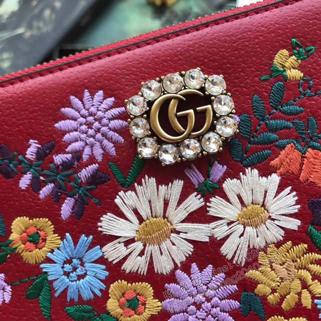 Gucci包 古馳新款手包 花朵刺繡手拿包 499310紅全皮  gdj1032